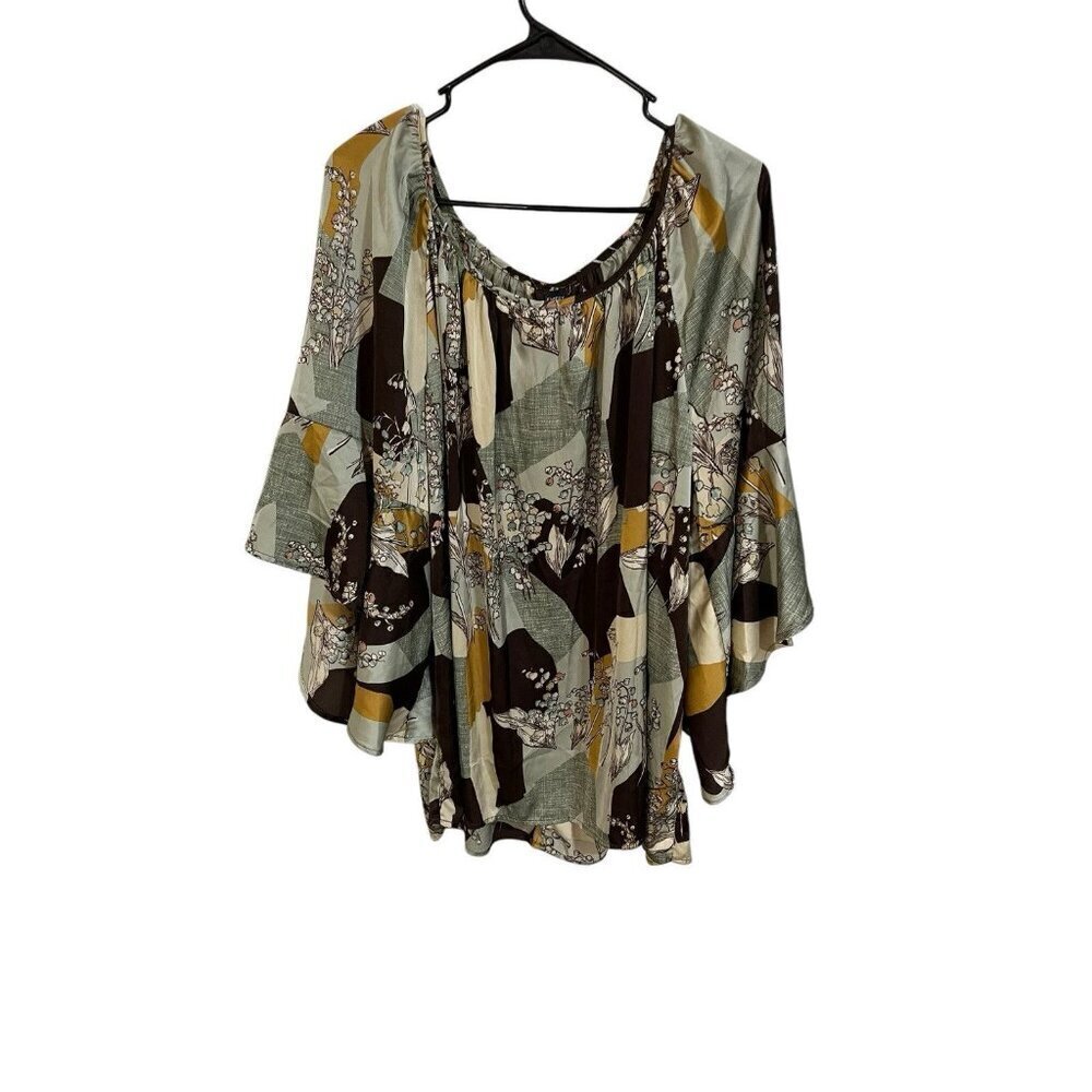 Emery Rose 5XL Blouse Brown/Green/Yellow Floral Design Flare 3/4 Sleeves